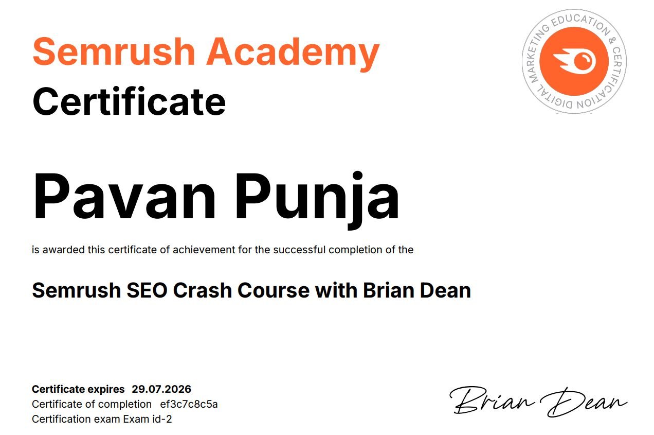 SemRush Certificate for Pavan Punja April 2025